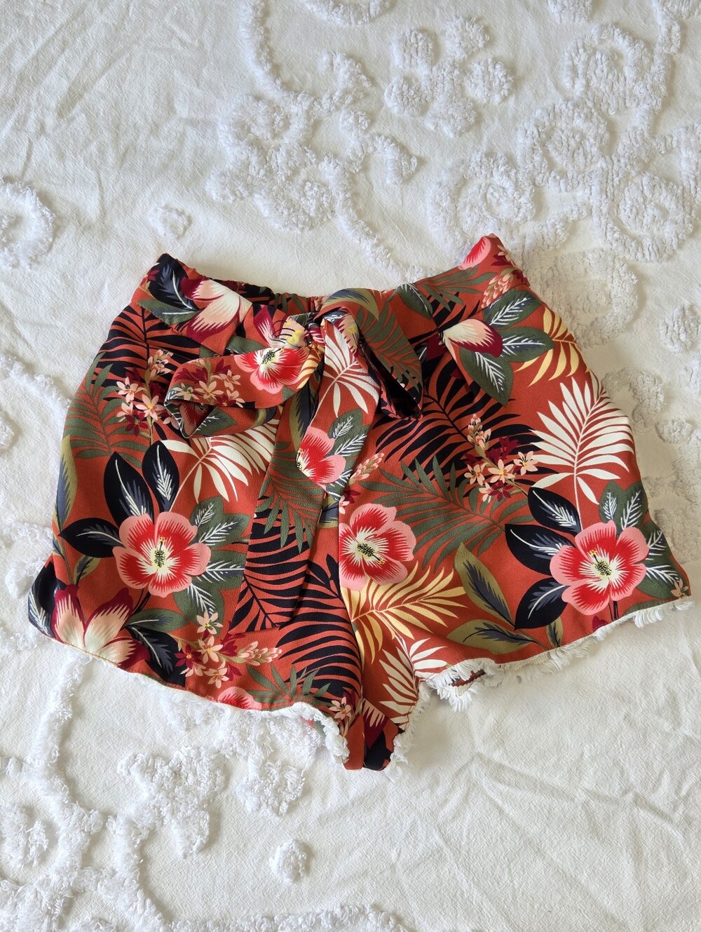 Zara TRF Tropical Floral Fringe Belted Shorts Pockets Side Zip NWOT Sz XS 🌴